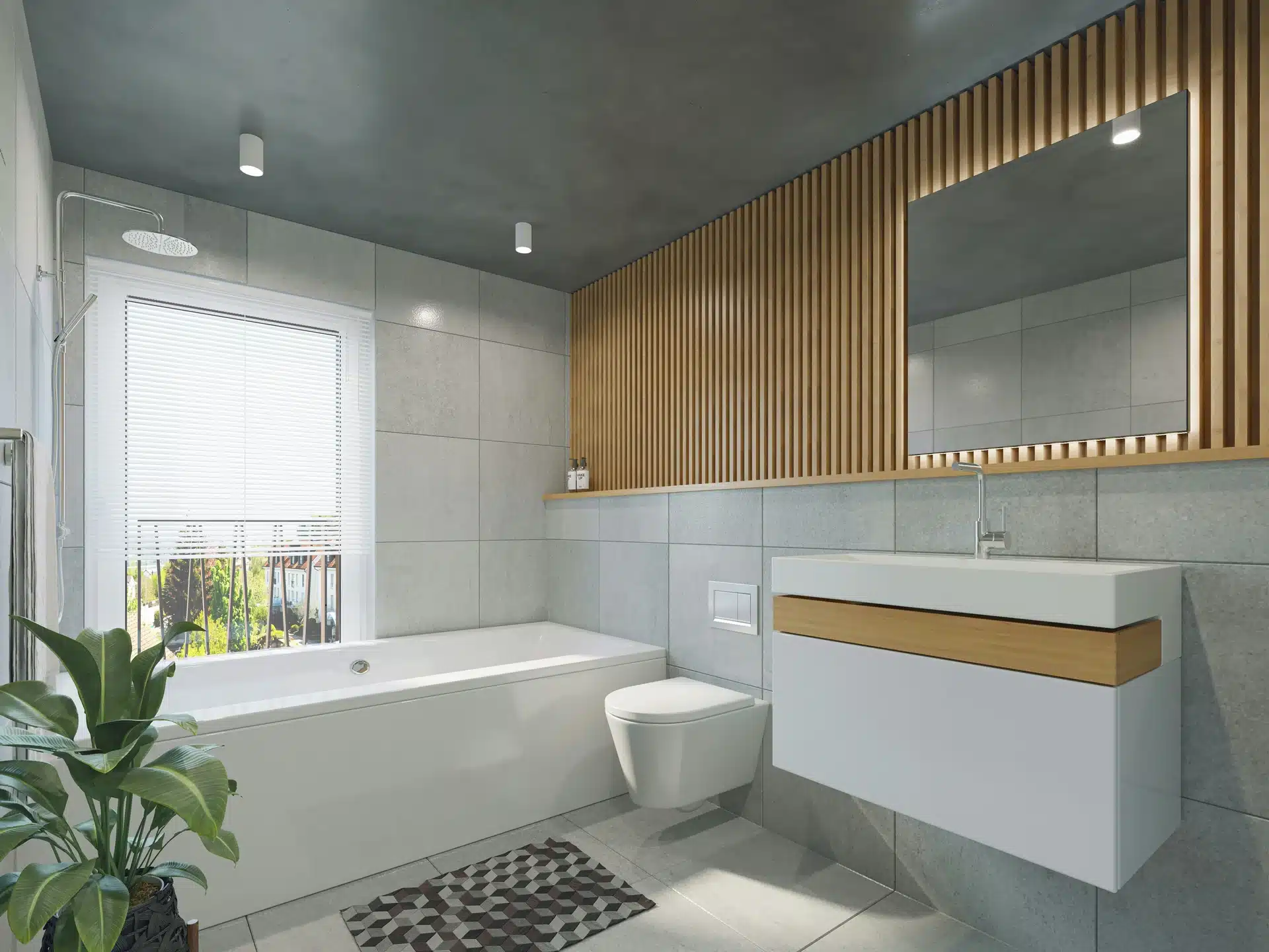 A modern bathroom featuring a white alcove bathtub, a wall-hung toilet, a floating white vanity with a wooden accent, and a vertical wood slat feature wall.