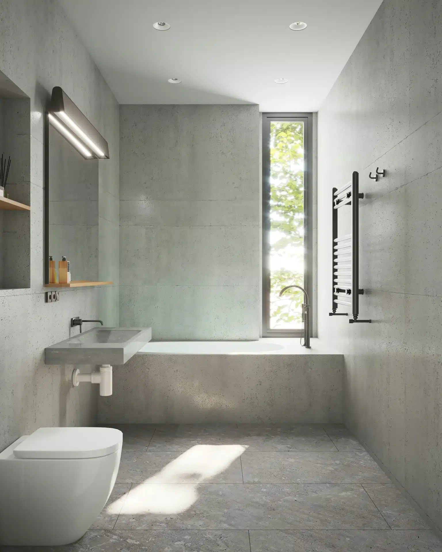 A modern minimalist bathroom featuring concrete-effect large format tiles, a wall-hung toilet, a floating stone sink with a visible white bottle trap, and a matte black heated towel radiator.