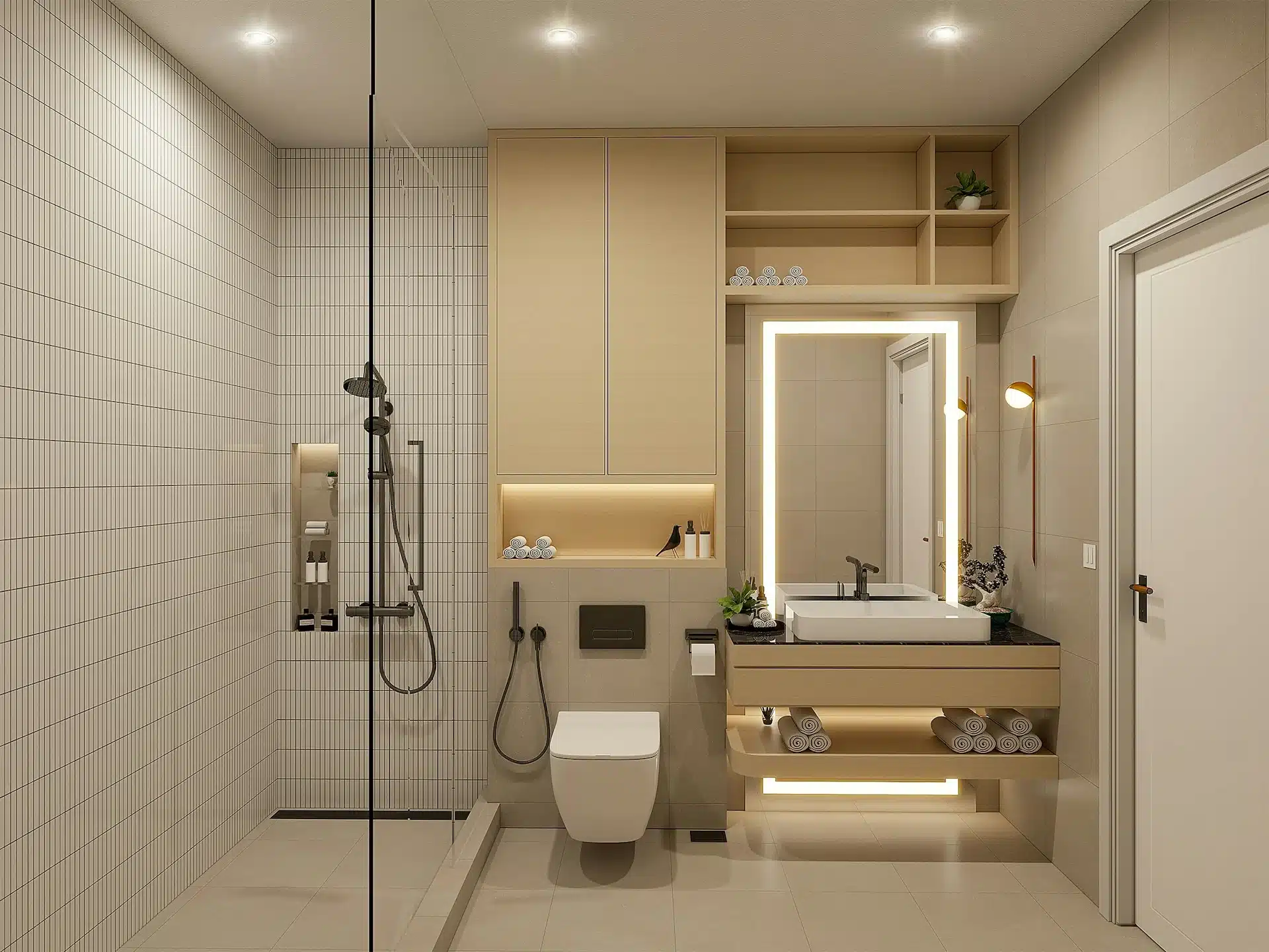 A contemporary bathroom featuring a walk-in shower with vertical kit-kat tiles, a wall-hung toilet with a matte black flush plate, and a floating vanity with an LED-backlit mirror.