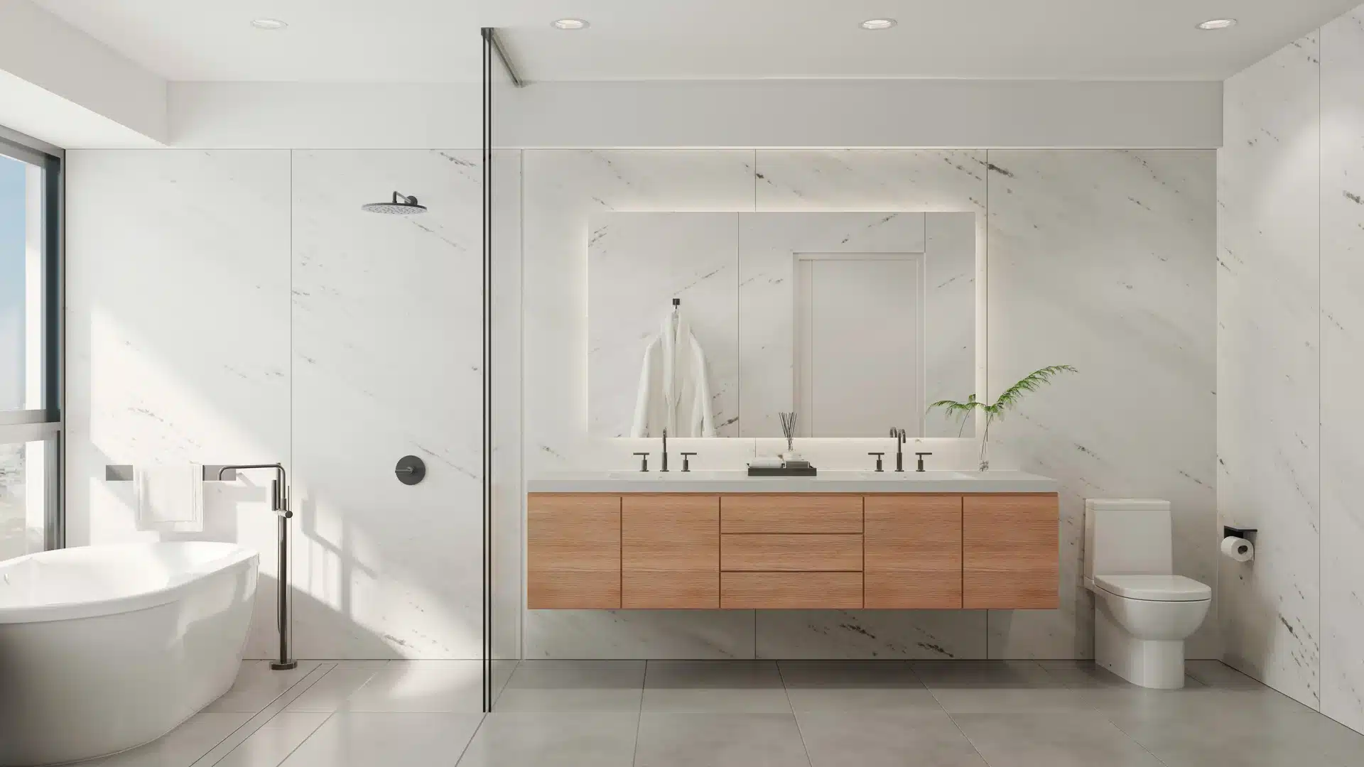 A modern luxury bathroom featuring white marble wall tiles, a floating light wood double vanity, matte black faucets, a freestanding bathtub, and a minimalist walk-in shower.