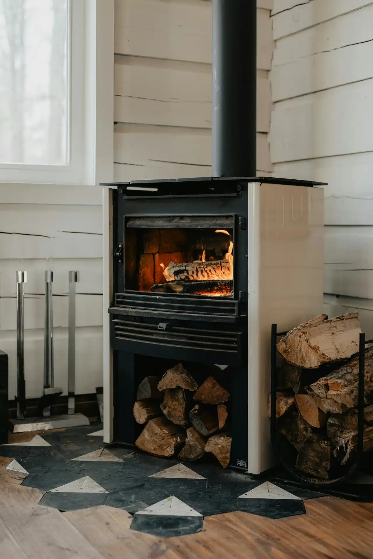 white and black Pacific Energy wood-burning stove with a roaring fire inside, featuring a log storage base and installed on a decorative geometric hearth in a rustic home.