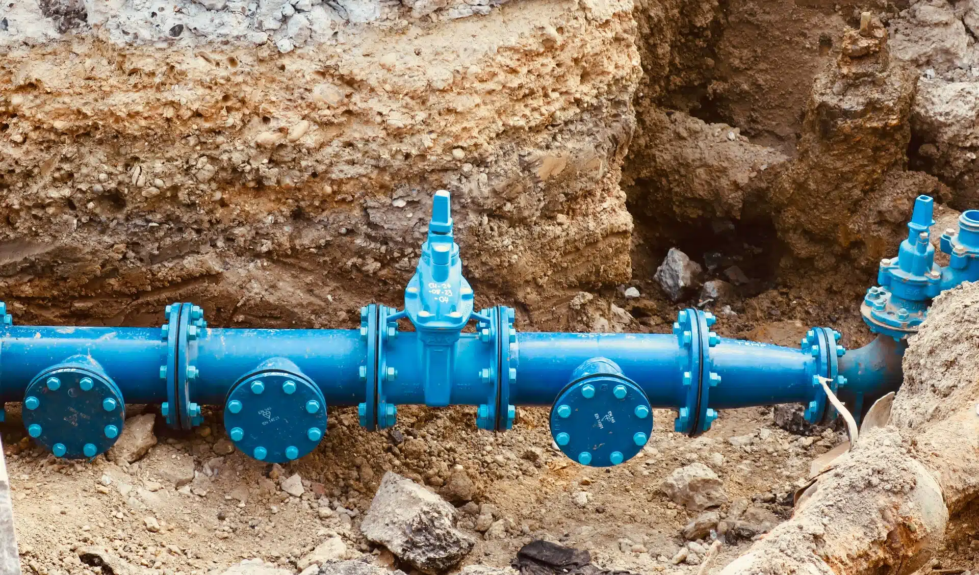 Large blue industrial water pipes and gate valves installed in an open trench during a commercial plumbing or utility project.